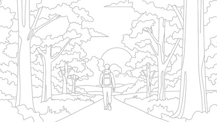 Obraz premium Young traveler with a backpack walking down a path surrounded by lush forest trees toward a bright setting or rising sun illustration outline.