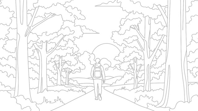 Young traveler with a backpack walking down a path surrounded by lush forest trees toward a bright setting or rising sun illustration outline.