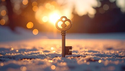 柔らかな光に包まれて佇む小さな鍵のイメージ。秘密や夢への入り口、新しい可能性や希望に満ちた未来を象徴するミニマルなビジュアル。自己成長、人生の転機、コンセプト表現、広告やWebデザインの背景素材として使いやすいAI画像。