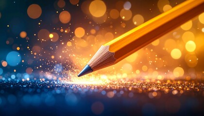 柔らかな光の粒が舞う抽象空間に置かれた一本の鉛筆。学びや成長、創造のはじまりを象徴するコンセプトイメージ。教育、勉強、目標設定、クリエイティブな発想を表現する広告やWeb背景に適したAIビジュアル。