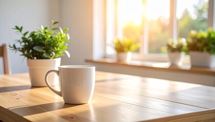 柔らかな自然光が差し込むテーブルに置かれたシンプルなマグカップ。心が落ち着く穏やかな日常やリラックスした時間を表現。朝のひととき、在宅ワーク、ライフスタイル、広告やWebデザインに使いやすいナチュラルなAI画像。