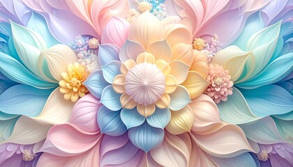 春色のパステルカラーが万華鏡のように広がる幻想的な抽象デジタルアート。光と色が重なり合い、希望やときめきを表現。季節感のある広告、Webデザイン、背景素材として使いやすいAIビジュアル。