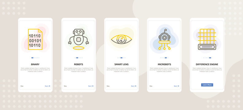 onboarding screen template for AI mobile app ui with binary, robots, smart lens, microbots, difference engine icons.