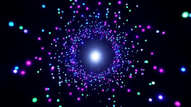 seamless loop of neon particles swirling around a soft spotlight in the center, dark background, slow hypnotic motion