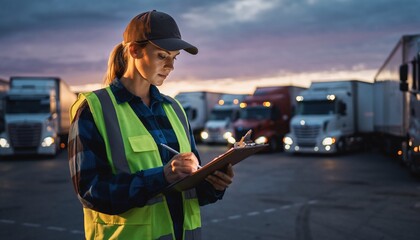Serious female logistic manager checking cargo manifest at a truck stop during twilight, ensuring efficient freight operations, for Supply Chain, Transport, and Global Trade