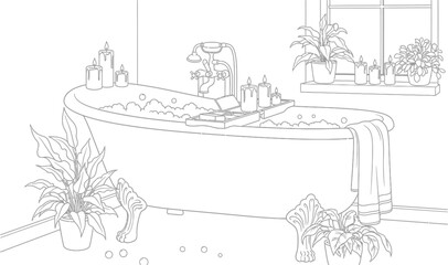 Coloring page features a relaxing clawfoot bathtub filled with bubbles surrounded by potted plants and lit candles creating a spa atmosphere.