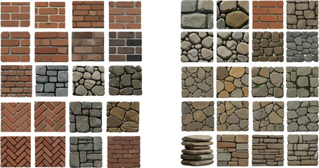Brick and Stone Textures: A grid arrangement showcasing a variety of brick and stone patterns, perfect for creating visually interesting backgrounds and textures for design.