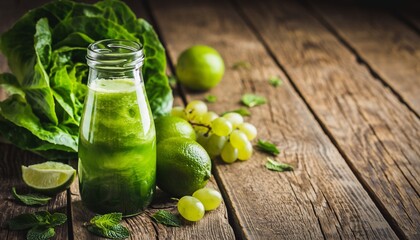 Fresh green smoothie in bottle surrounded by healthy ingredients on rustic wooden table for detox, wellness, and healthy lifestyle concepts