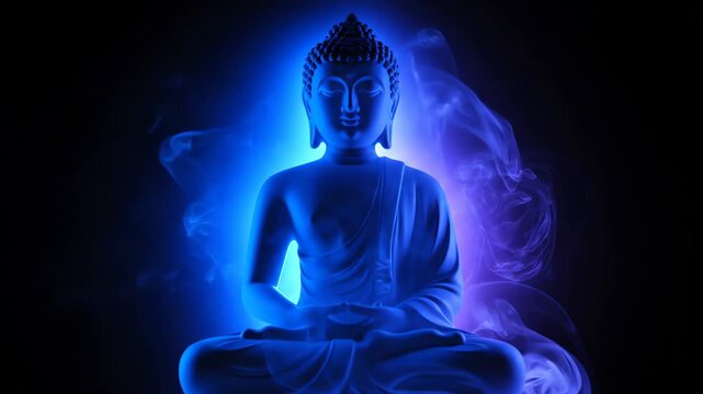 Serene Buddha statue radiating divine blue light amidst mystical smoke, embodying spiritual enlightenment and inner peace