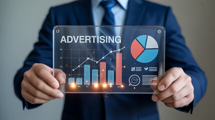 Businessman in suit holding transparent digital screen displaying advertising data with bar charts pie chart line graph and analytics representing marketing strategy growth and financial