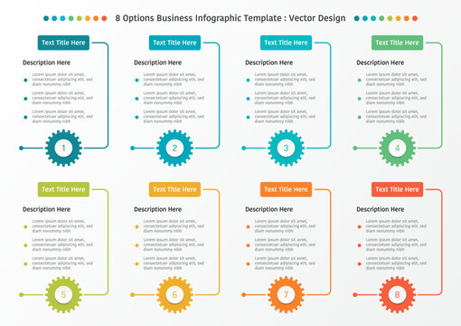 8 options business infographic template, set of rectangle frame with line and gear, also with text frame