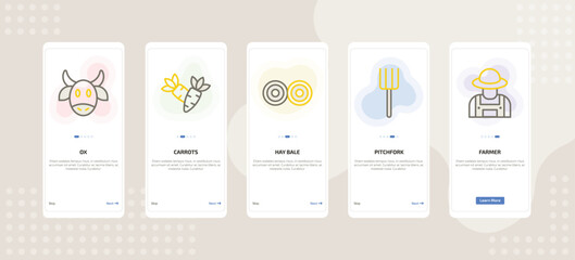 onboarding screen template for farming and gardening mobile app ui with ox, carrots, hay bale, pitchfork, farmer icons.