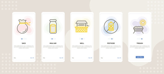onboarding screen template for farming and gardening mobile app ui with sack, milk jar, well, pesticide, trough icons.