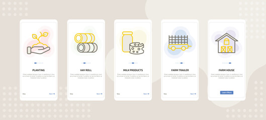 onboarding screen template for farming and gardening mobile app ui with planting, hay roll, milk products, farm trailer, farm house icons.