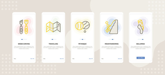 onboarding screen template for daily life activities mobile app ui with wood carving, travelling, petanque, mountaineering, ballerina icons.