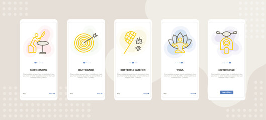 onboarding screen template for daily life activities mobile app ui with knife making, dartboard, butterfly catcher, yoga, motorcycle icons.