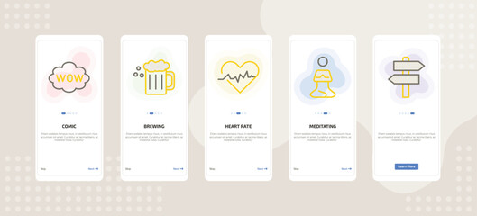 onboarding screen template for daily life activities mobile app ui with comic, brewing, heart rate, meditating,