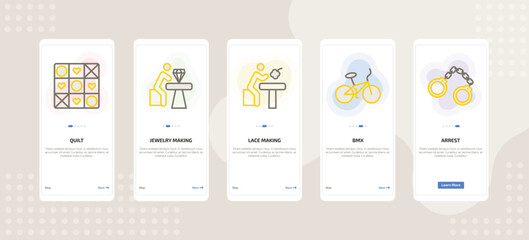 onboarding screen template for daily life activities mobile app ui with quilt, jewelry making, lace making, bmx, arrest icons.