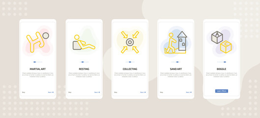 onboarding screen template for daily life activities mobile app ui with martial art, resting, collecting, sand art, boggle icons.