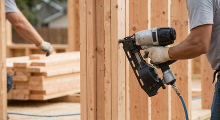 Workers use nail gun for construction on wooden frame at building site during day