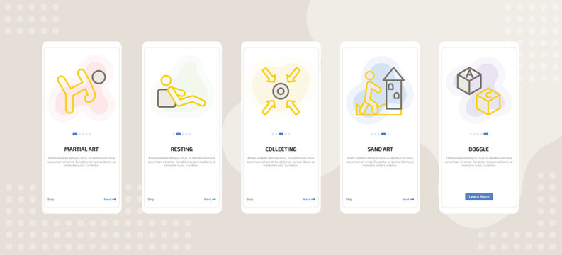 onboarding screen template for daily life activities mobile app ui with martial art, resting, collecting, sand art, boggle icons.