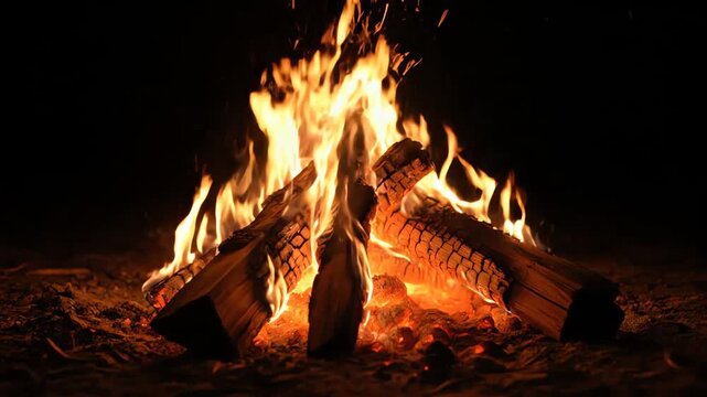 Vibrant crackling campfire with blazing logs casting a warm glow, providing comforting light and heat against a tranquil night sky