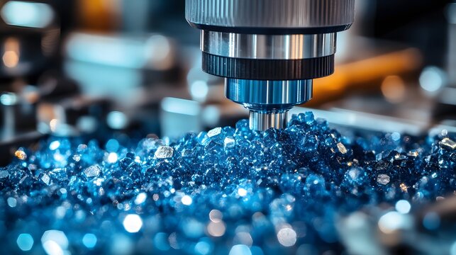 A precision industrial drill head hovers above a pile of vibrant blue metallic mineral fragments in a controlled manufacturing setting emphasizing high-tech material analysis and extraction processes