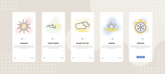 onboarding screen template for weather mobile app ui with sunshine, sand storms, blanket of fog, sunrise, freezing icons.