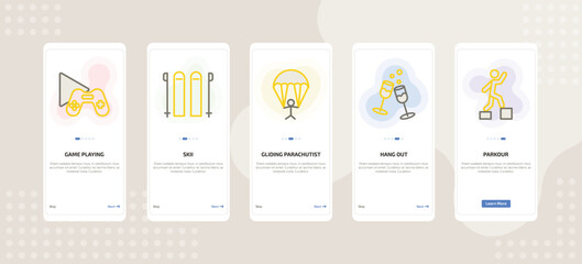 onboarding screen template for daily life activities mobile app ui with game playing, skii, gliding parachutist, hang out, parkour icons.