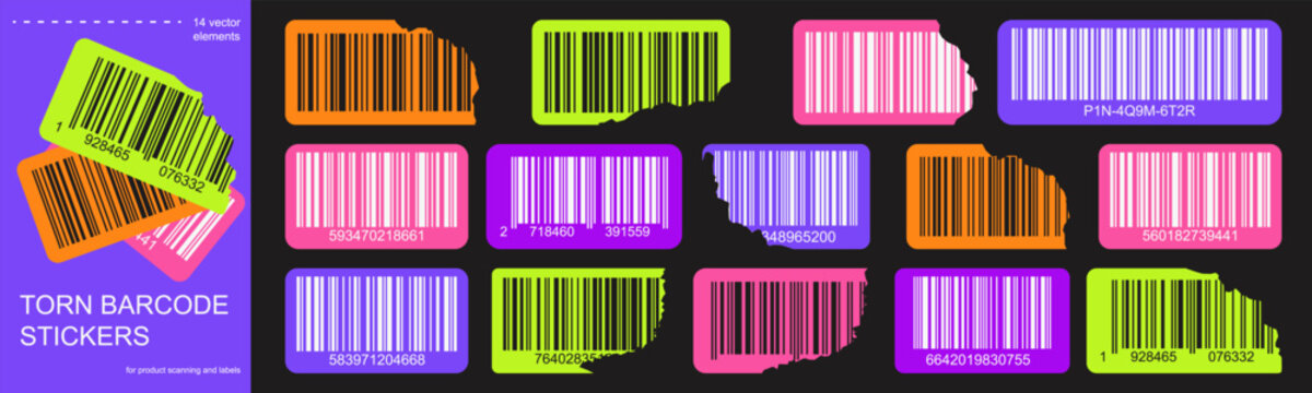 Torn bar code stickers set with colorful labels. Vector barcode tags with ripped edges for product scanning and packaging.
