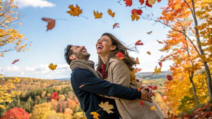Couple enjoys autumn with laughter and falling leaves in a colorful forest setting during the day