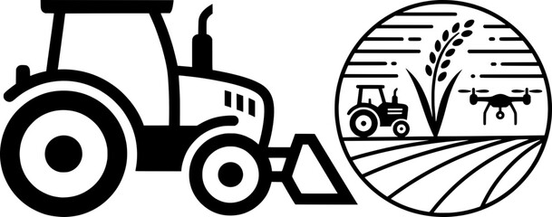 Obraz premium Modern smart farming vector concept. Tractor silhouette with front loader and circular agriculture emblem featuring a drone, crops, and farmland. Precision farming and agrotechnology icons.
