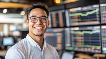 Young man smiles in office with trading screens displaying market data and charts