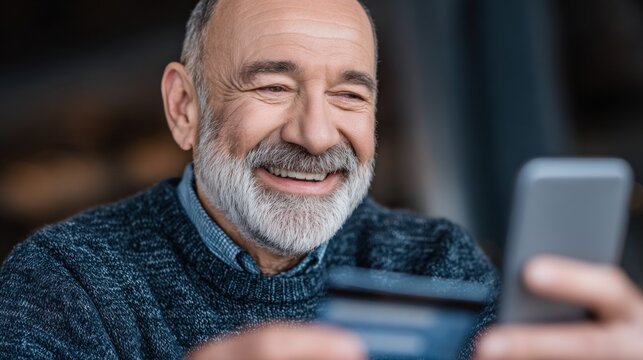 Older man smiles while using a smartphone and holding a credit card in a cozy indoor setting - Powered by Adobe