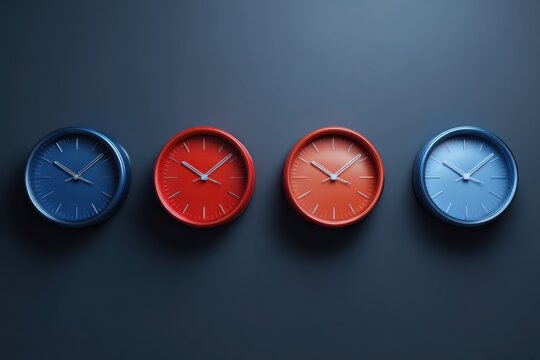Colorful set of four minimalist clocks in blue and red hues, showcasing different hours against a dark background