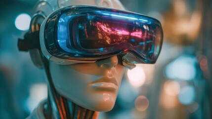 Woman wearing VR headset, virtual reality and metaverse technology concept