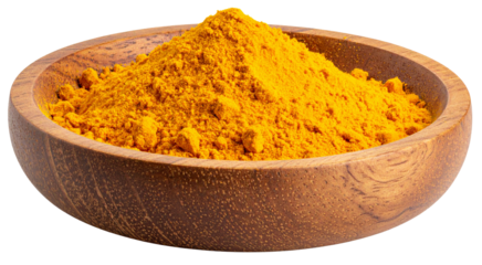 turmeric powder on wooden bowl isolated on white background