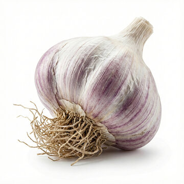organic garlic bulb with its paper-thin skin intact, isolated on white