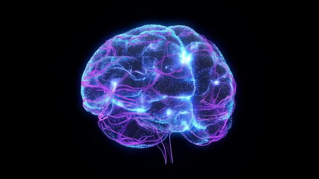 Futuristic glowing digital brain network with pulsing neural connections and particles science