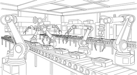 Obraz premium Numerous industrial robotic arms precisely assembling components along a modern automated manufacturing conveyor belt system in a factory setting.