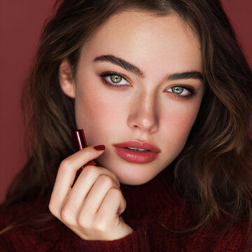 Beautiful young lady is applying nail polish on nails, beauty makeup portrait 