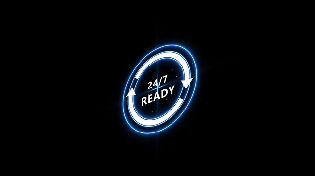 24/7 Ready Neon Sign with Circular Arrows on Black Background
