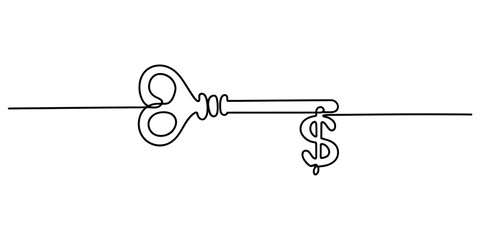 Continuous line drawing of a key with a dollar sign symbolizing financial success