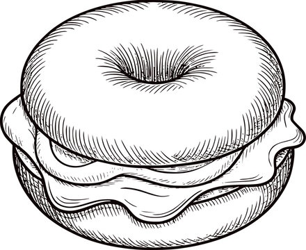 Detailed pen and ink of a bagel sandwich with creamy filling