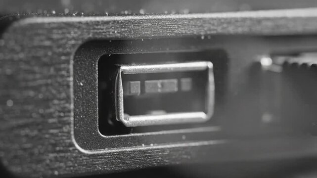 Close-up of a dusty USB port with sound of something being plugged in or taken out