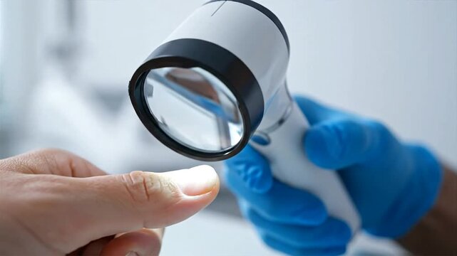 Close-up of a dermatology examination using a dermatoscope on a nail, showing detailed inspection by a medical professional.