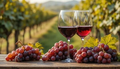 Fototapeta premium Wine Tasting in the Vineyard: A pair of wine glasses filled with deep red wine sit gracefully, next to ripe, juicy grapes.