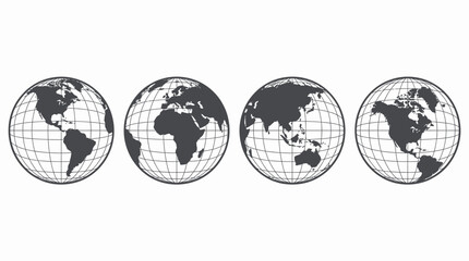 Obraz premium Four dark gray vector earth globes showing different continents and gridlines, concept for global business, international communication and geographic education