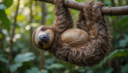 Fototapeta premium Sloth in the Jungle: A captivating shot of a sloth hanging from a branch in its natural habitat, its calm eyes observing the surroundings. The animal is surrounded by dense greenery of the jungle. 