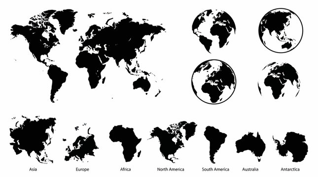 Black vector world map, multiple globe views and seven distinct continent silhouettes on a white backdrop, concept for global marketing campaigns, educational resources and corporate identity branding